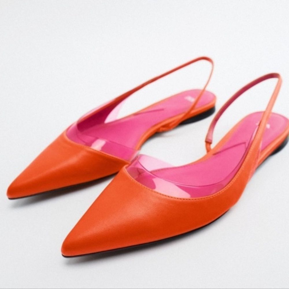 Zara Orange Pink Slingback Flat Sandals Shoes Size 6